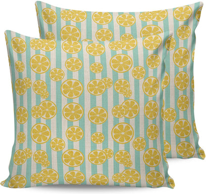 Yellow Lemon Teal Stripes Linen Background 2PCS Throw Pillow Covers for Couch Sofa Bed, Pillow Covers 18x18 inch, Standard Pillowcases Set Decorative Cushion Covers for Living Room Bedroom