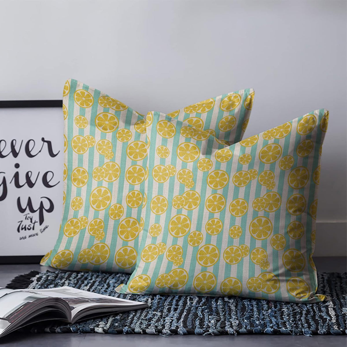 Yellow Lemon Teal Stripes Linen Background 2PCS Throw Pillow Covers for Couch Sofa Bed, Pillow Covers 18x18 inch, Standard Pillowcases Set Decorative Cushion Covers for Living Room Bedroom