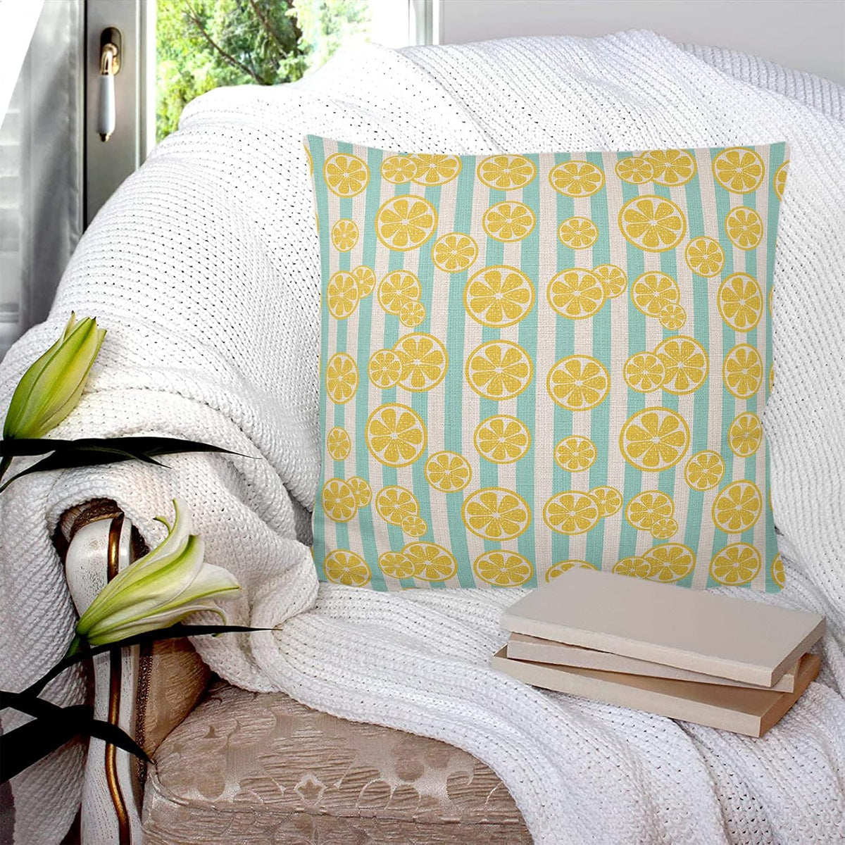 Yellow Lemon Teal Stripes Linen Background 2PCS Throw Pillow Covers for Couch Sofa Bed, Pillow Covers 18x18 inch, Standard Pillowcases Set Decorative Cushion Covers for Living Room Bedroom