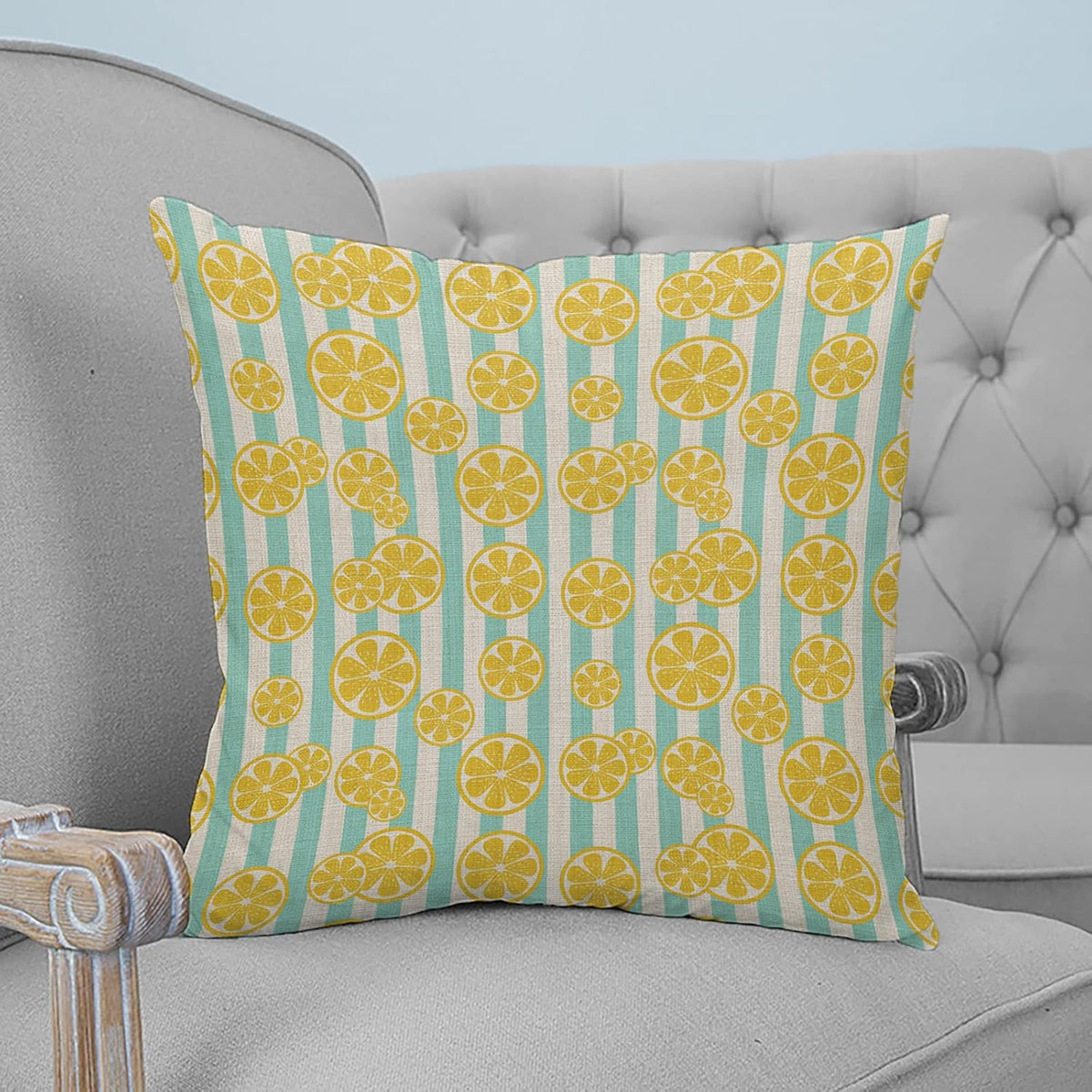 Yellow Lemon Teal Stripes Linen Background 2PCS Throw Pillow Covers for Couch Sofa Bed, Pillow Covers 18x18 inch, Standard Pillowcases Set Decorative Cushion Covers for Living Room Bedroom