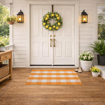 Spring Yellow and White Plaid Rug, 2'4" x 3'7" Cotton Blend Layered Doormat Rug for Front Door, Hand-Woven Washable Entryway & Porch Decor