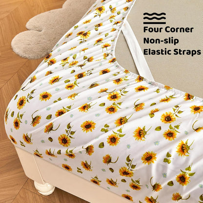 Floral Sheet Set Full, Sunflower Printed Bed Sheets Double, Brushed Microfiber Fitted Sheet with 15" Deep Pocket & Non-Slip Straps, Yellow Flower Pattern Sheet & Pillowcase Sets