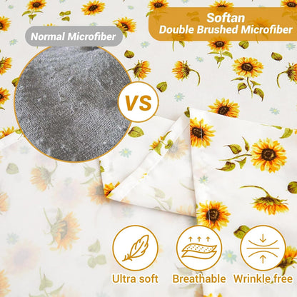 Floral Sheet Set Full, Sunflower Printed Bed Sheets Double, Brushed Microfiber Fitted Sheet with 15" Deep Pocket & Non-Slip Straps, Yellow Flower Pattern Sheet & Pillowcase Sets