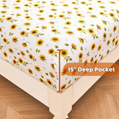Floral Sheet Set Full, Sunflower Printed Bed Sheets Double, Brushed Microfiber Fitted Sheet with 15" Deep Pocket & Non-Slip Straps, Yellow Flower Pattern Sheet & Pillowcase Sets