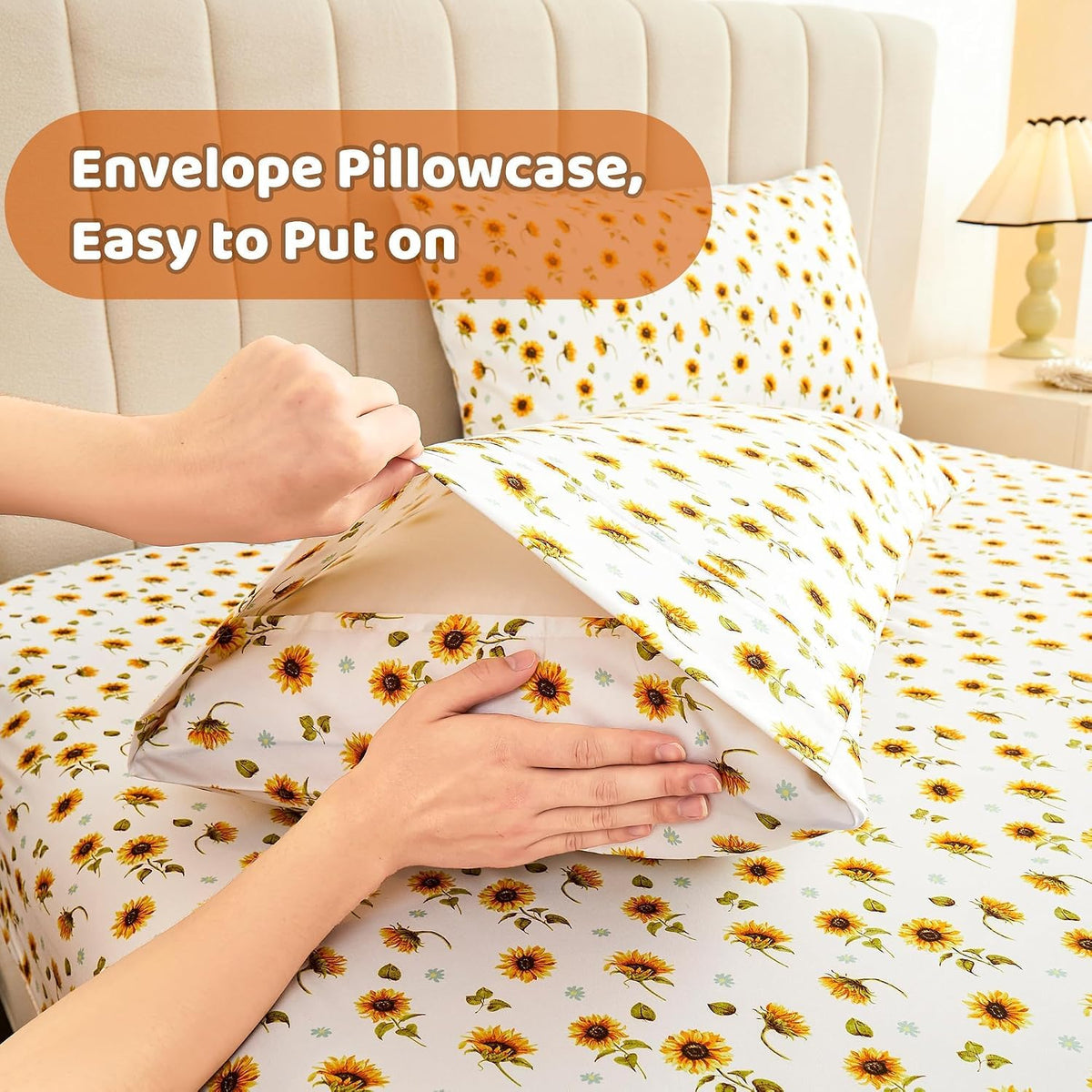 Floral Sheet Set Full, Sunflower Printed Bed Sheets Double, Brushed Microfiber Fitted Sheet with 15" Deep Pocket & Non-Slip Straps, Yellow Flower Pattern Sheet & Pillowcase Sets