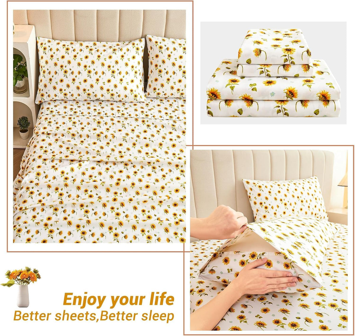 Floral Sheet Set Full, Sunflower Printed Bed Sheets Double, Brushed Microfiber Fitted Sheet with 15" Deep Pocket & Non-Slip Straps, Yellow Flower Pattern Sheet & Pillowcase Sets