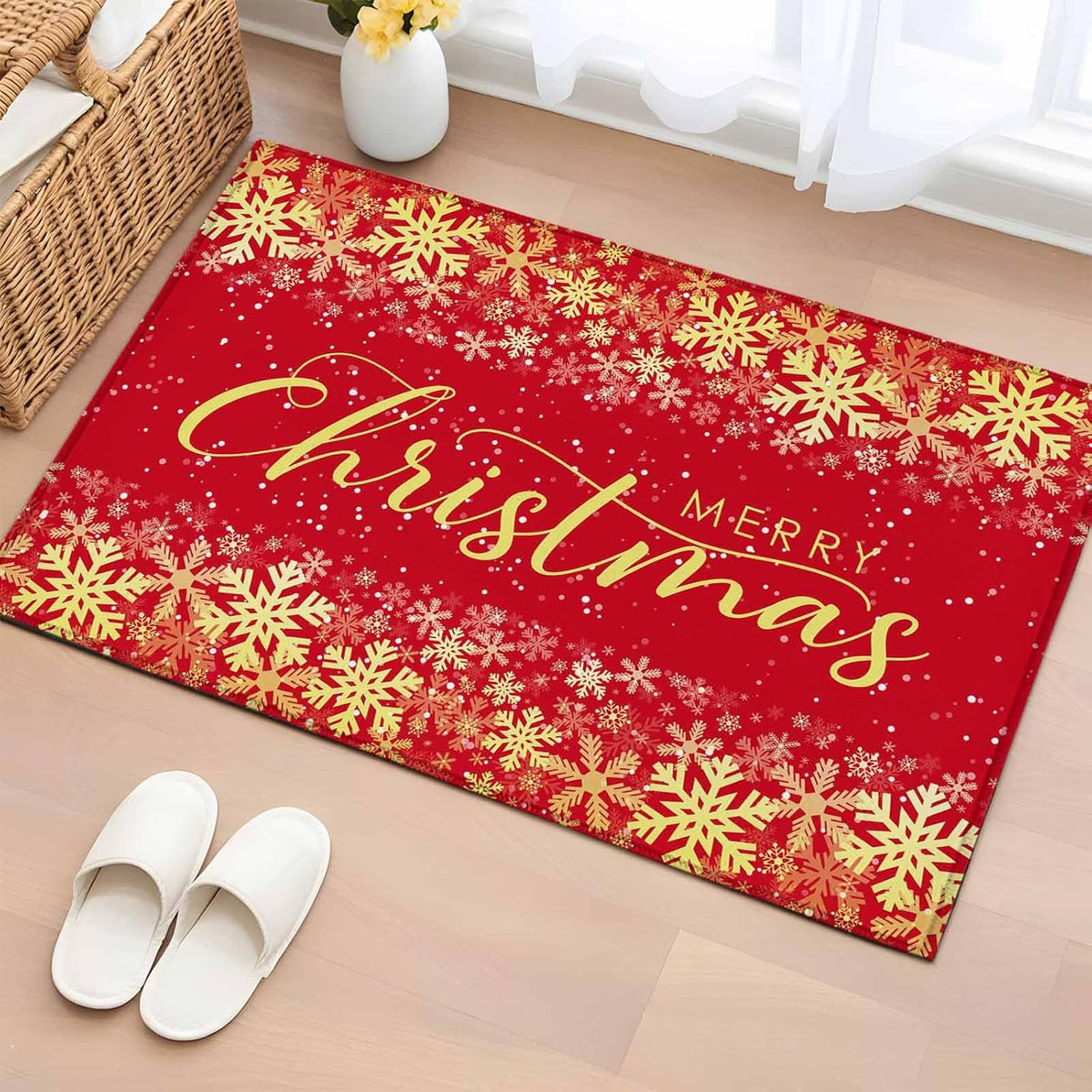 Merry Christmas 2x3 Area Rugs for Living Room, Winter Snowflakes Retro Yellow Red Non Slip Floor Mat Washable Low-Profile Indoor Carpet for Bedroom, Dining Room, Bathroom