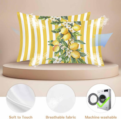 Yellow Lemon Floral Leaf King Standard Pillow Cases Set of 2, Vertical Stripe Satin Pillow Case Cover with Smooth Hidden Zipper Closure, Soft Throw Pillow Covers Cases for Home Decor 20X36 Inch