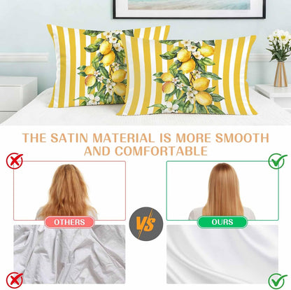 Yellow Lemon Floral Leaf King Standard Pillow Cases Set of 2, Vertical Stripe Satin Pillow Case Cover with Smooth Hidden Zipper Closure, Soft Throw Pillow Covers Cases for Home Decor 20X36 Inch