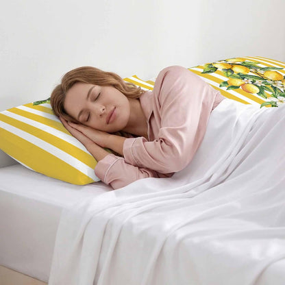 Yellow Lemon Floral Leaf King Standard Pillow Cases Set of 2, Vertical Stripe Satin Pillow Case Cover with Smooth Hidden Zipper Closure, Soft Throw Pillow Covers Cases for Home Decor 20X36 Inch