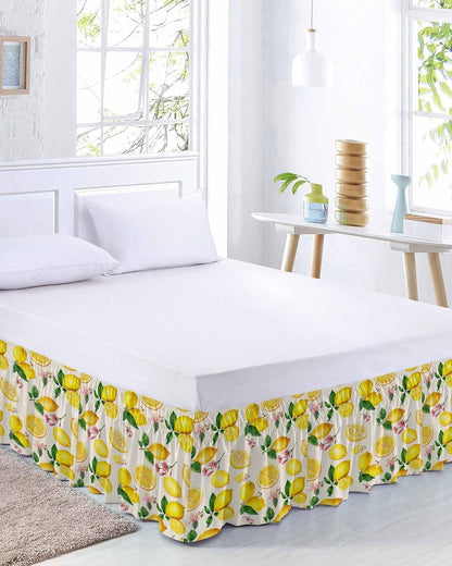 Yellow Lemons Bed Skirt Queen Size 16 Inch Drop, Adjustable Elastic Wrap Around Bed Skirts Easy Fitting Dust Ruffle Bedskirt Bed Frame Cover Farmhouse Summer Botanical Leaves Flowers