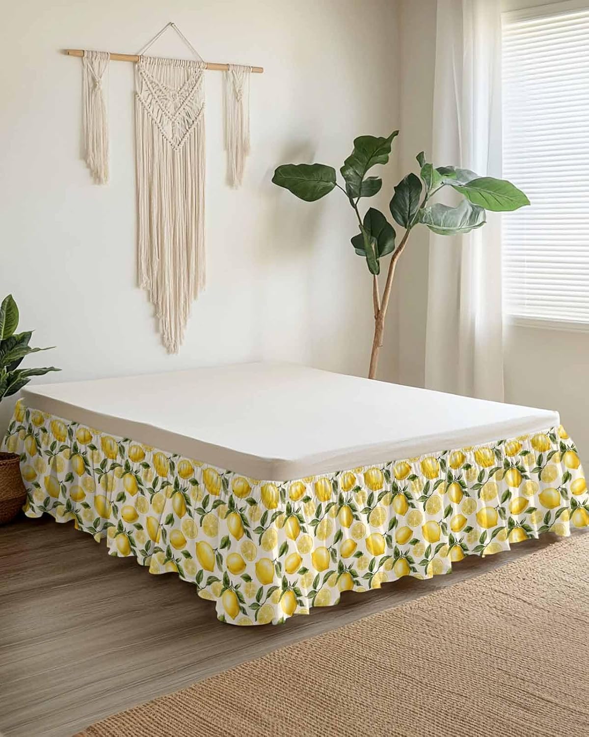 Bed Skirt Yellow Green Lemon Ruffle Bed Skirt Wrap Around Bed Skirts for Queen Beds 16" Drop,Adjustable Elastic Dust Ruffles Easy Fit and Wrinkle-Free