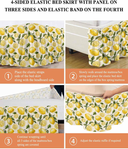Bed Skirt Yellow Green Lemon Ruffle Bed Skirt Wrap Around Bed Skirts for Queen Beds 16" Drop,Adjustable Elastic Dust Ruffles Easy Fit and Wrinkle-Free