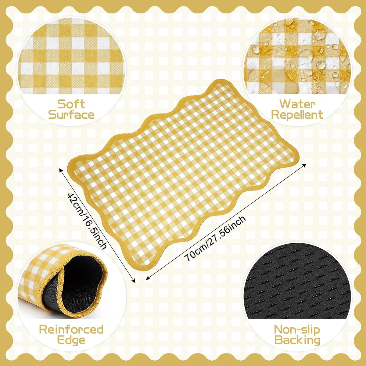 Yellow and White Small Scalloped Plaid Rug 1.4x2.3ft Buffalo Checkered Mat