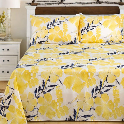 Tache Contemporary Watercolor Nature Spring Print Leaves Floral Bright Light Yellow Ivory Black Navy Blue Soft Microfiber Top Flat Sheet, King