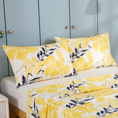 Tache Contemporary Watercolor Nature Spring Print Leaves Floral Bright Light Yellow Ivory Black Navy Blue Soft Microfiber Top Flat Sheet, King