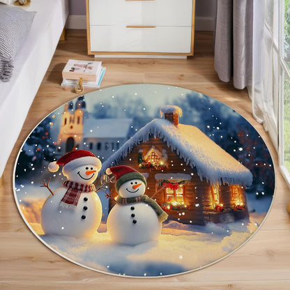 Round Area Rug 3Ft Winter Theme, Washable Yellow Blue Rug for Bedroom, Low-Pile Soft Round Carpet for Living Room, Ideal for High Traffic Areas in Entryway