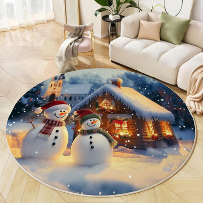 Round Area Rug 3Ft Winter Theme, Washable Yellow Blue Rug for Bedroom, Low-Pile Soft Round Carpet for Living Room, Ideal for High Traffic Areas in Entryway