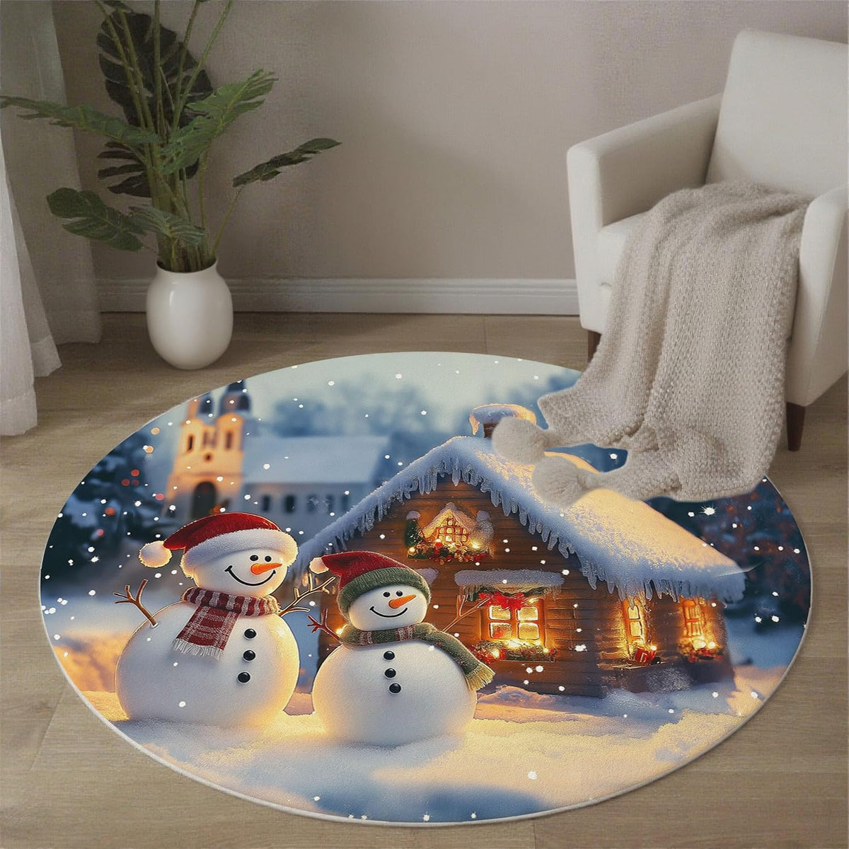Round Area Rug 3Ft Winter Theme, Washable Yellow Blue Rug for Bedroom, Low-Pile Soft Round Carpet for Living Room, Ideal for High Traffic Areas in Entryway