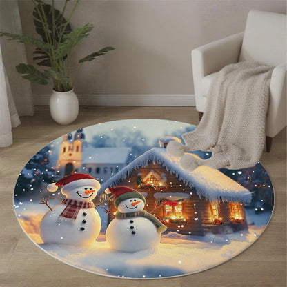 Round Area Rug 3Ft Winter Theme, Washable Yellow Blue Rug for Bedroom, Low-Pile Soft Round Carpet for Living Room, Ideal for High Traffic Areas in Entryway