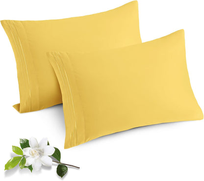 2 Pack Microfiber Pillowcases Standard Size Yellow Bed Pillow Cases with Envelope Closure, 1800 Thread Count Soft & Shrinkage Resistant Pillow Covers, 20 x 26 Inches