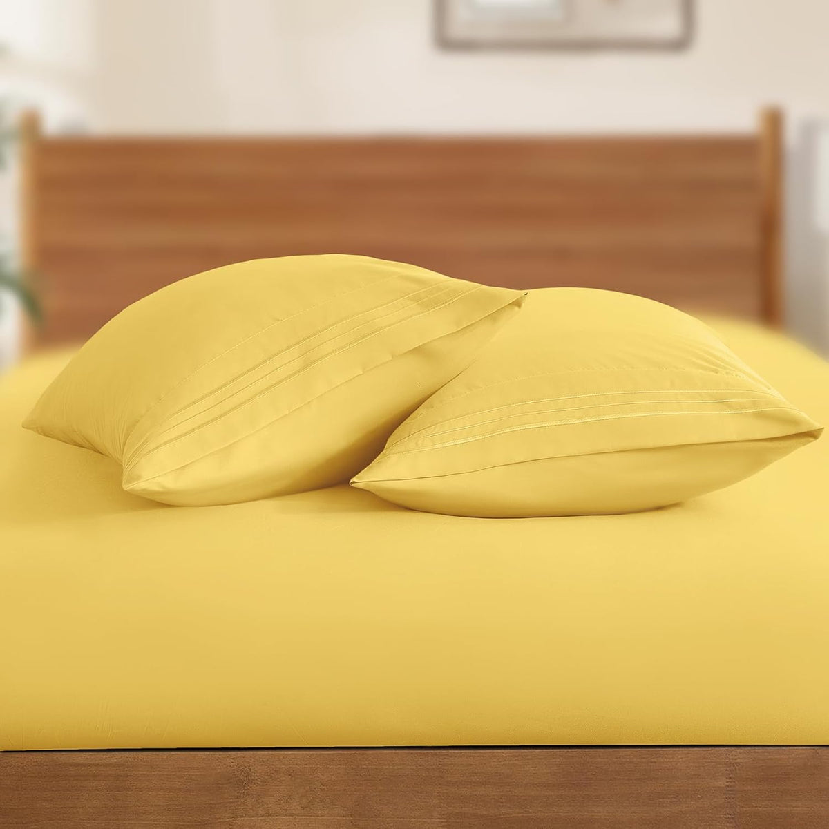 2 Pack Microfiber Pillowcases Standard Size Yellow Bed Pillow Cases with Envelope Closure, 1800 Thread Count Soft & Shrinkage Resistant Pillow Covers, 20 x 26 Inches