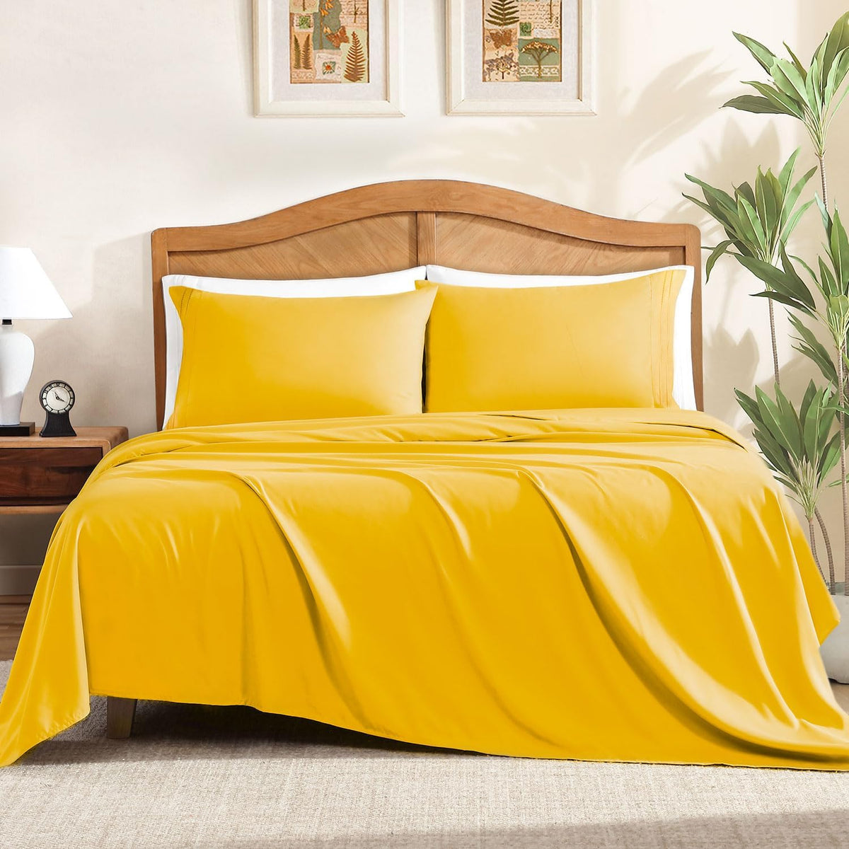 Queen Sheets Set, 4-Piece Fitted Queen Sheets, Mustard