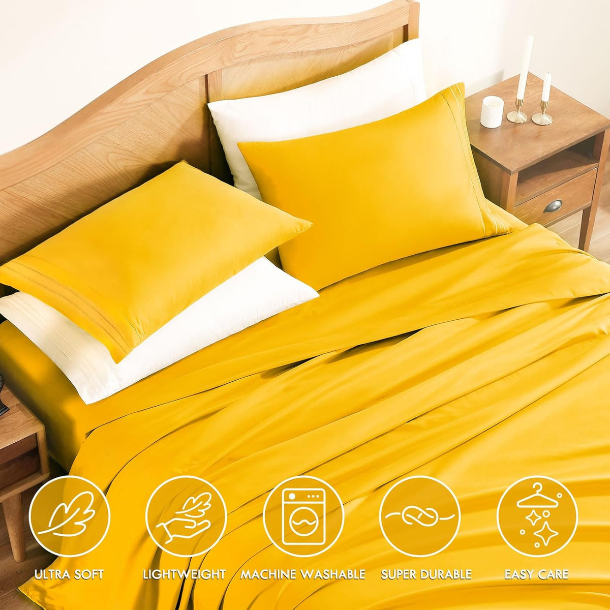 Queen Sheets Set, 4-Piece Fitted Queen Sheets, Mustard