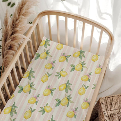 Cute Lemon Bows Pink Stripe Fitted Baby Crib Sheet for Boys Girls 52x28x9 in Yellow Lemons Leaves Baby Sheet for Standard Crib and Toddler Mattress Summer Fruit Bed Sheet