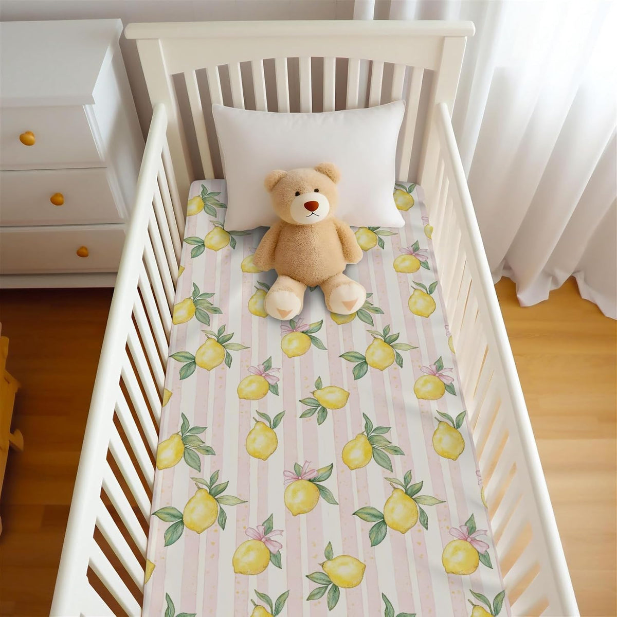 Cute Lemon Bows Pink Stripe Fitted Baby Crib Sheet for Boys Girls 52x28x9 in Yellow Lemons Leaves Baby Sheet for Standard Crib and Toddler Mattress Summer Fruit Bed Sheet