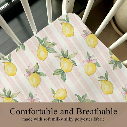 Cute Lemon Bows Pink Stripe Fitted Baby Crib Sheet for Boys Girls 52x28x9 in Yellow Lemons Leaves Baby Sheet for Standard Crib and Toddler Mattress Summer Fruit Bed Sheet