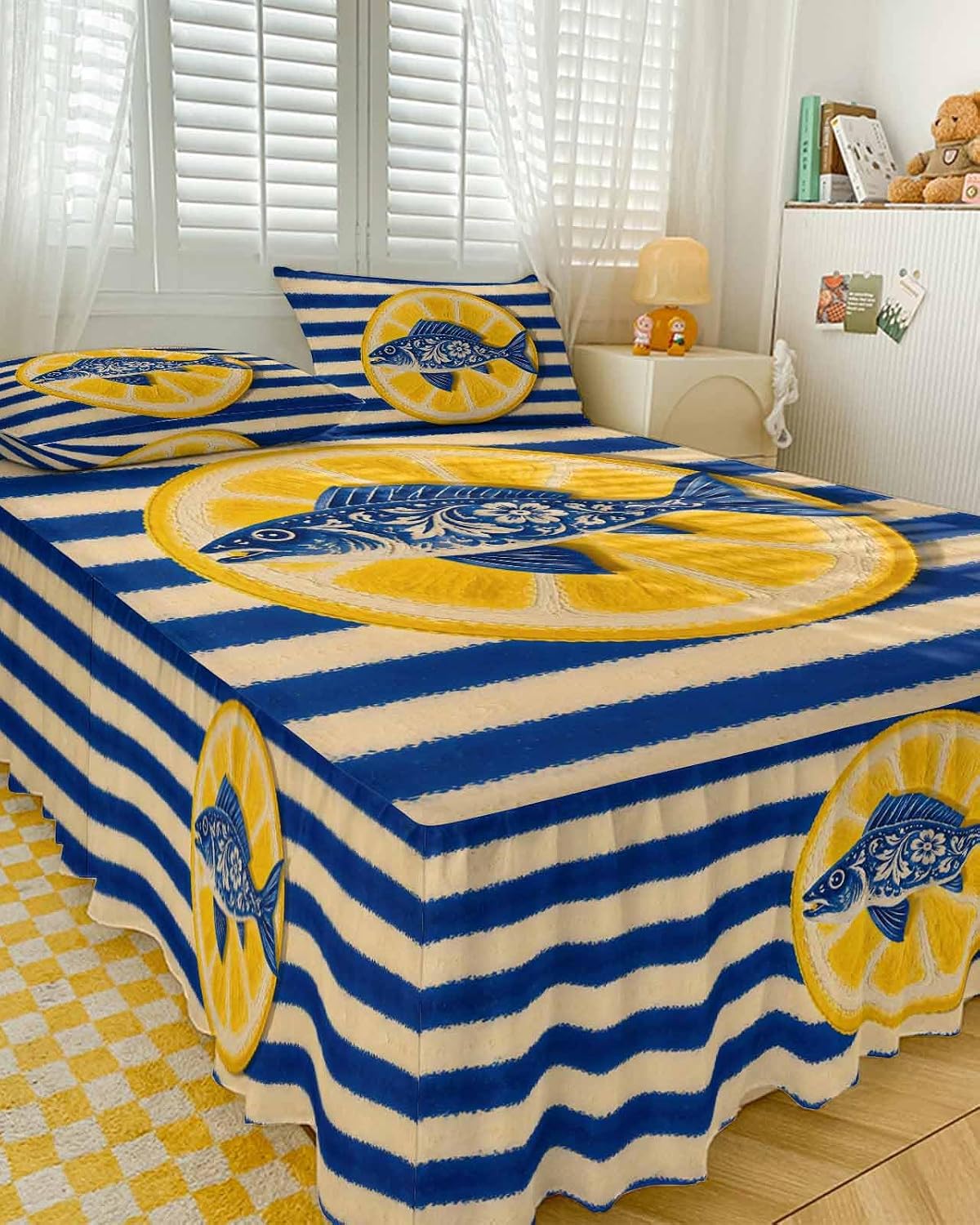 Ruffle Bed Skirt Full, Blue Fish Yellow Lemon Soft Microfiber Fitted Bedding Sheet Bedskirt 18 Inch Drop, Blue White Striped Elastic Wrap Around Bed Skirt Pillowcases Set