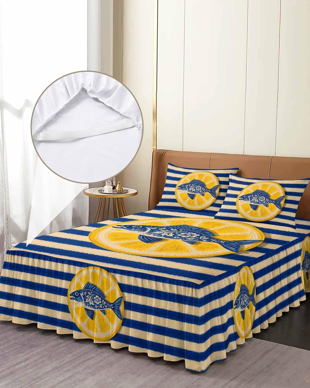 Ruffle Bed Skirt Full, Blue Fish Yellow Lemon Soft Microfiber Fitted Bedding Sheet Bedskirt 18 Inch Drop, Blue White Striped Elastic Wrap Around Bed Skirt Pillowcases Set
