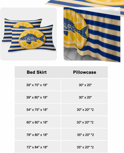 Ruffle Bed Skirt Full, Blue Fish Yellow Lemon Soft Microfiber Fitted Bedding Sheet Bedskirt 18 Inch Drop, Blue White Striped Elastic Wrap Around Bed Skirt Pillowcases Set
