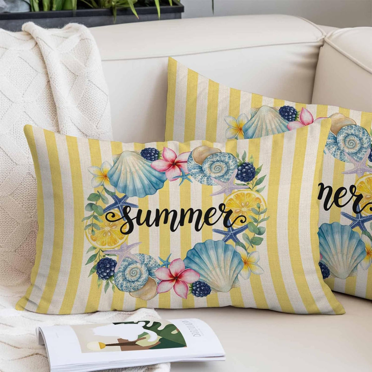 Summer Pillow Covers Lemons Starfish Flower Stripes Yellow Vintage 20x26 Inch - Standard Soft Brushed Microfiber Pillowcases with Hidden Zipper Closure Bed Pillow Shams for Bedroom Sofa Car