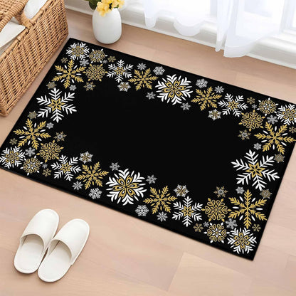 Retro Yellow Snowflake 2x3 Area Rugs for Living Room, Winter Christmas Black Background Non Slip Floor Mat Washable Low-Profile Indoor Carpet for Bedroom, Dining Room, Bathroom