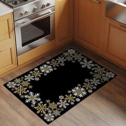 Retro Yellow Snowflake 2x3 Area Rugs for Living Room, Winter Christmas Black Background Non Slip Floor Mat Washable Low-Profile Indoor Carpet for Bedroom, Dining Room, Bathroom