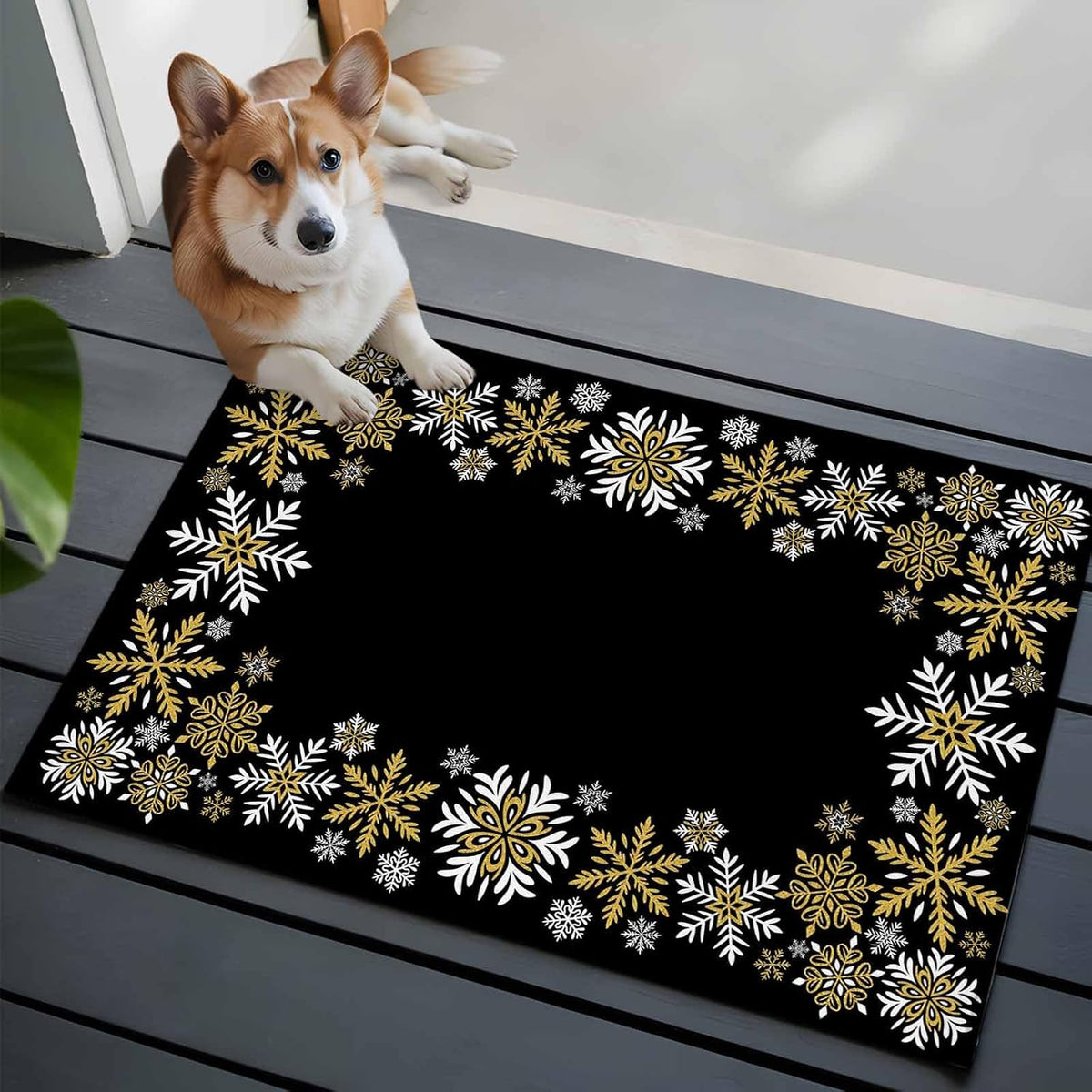 Retro Yellow Snowflake 2x3 Area Rugs for Living Room, Winter Christmas Black Background Non Slip Floor Mat Washable Low-Profile Indoor Carpet for Bedroom, Dining Room, Bathroom