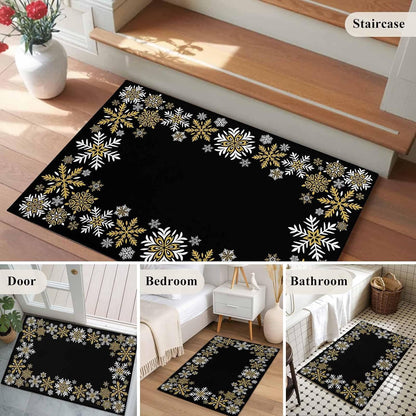 Retro Yellow Snowflake 2x3 Area Rugs for Living Room, Winter Christmas Black Background Non Slip Floor Mat Washable Low-Profile Indoor Carpet for Bedroom, Dining Room, Bathroom