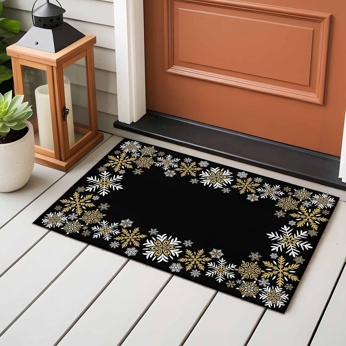 Retro Yellow Snowflake 2x3 Area Rugs for Living Room, Winter Christmas Black Background Non Slip Floor Mat Washable Low-Profile Indoor Carpet for Bedroom, Dining Room, Bathroom