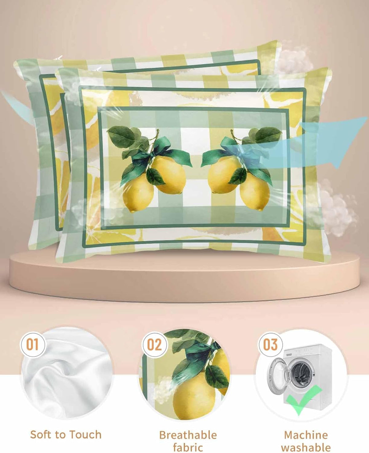 Lemon Pillow Cases Standard Size Set of 2, Satin Pillowcase for Hair and Skin, Botanical Fruit Leaves Bow Yellow Green Striped Throw Pillow Covers Cooling Pillow Protector with Zipper 20"x26"x2