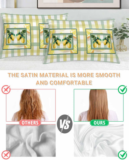 Lemon Pillow Cases Standard Size Set of 2, Satin Pillowcase for Hair and Skin, Botanical Fruit Leaves Bow Yellow Green Striped Throw Pillow Covers Cooling Pillow Protector with Zipper 20"x26"x2