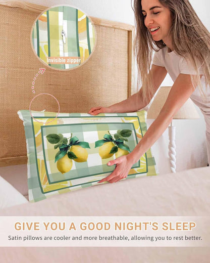 Lemon Pillow Cases Standard Size Set of 2, Satin Pillowcase for Hair and Skin, Botanical Fruit Leaves Bow Yellow Green Striped Throw Pillow Covers Cooling Pillow Protector with Zipper 20"x26"x2