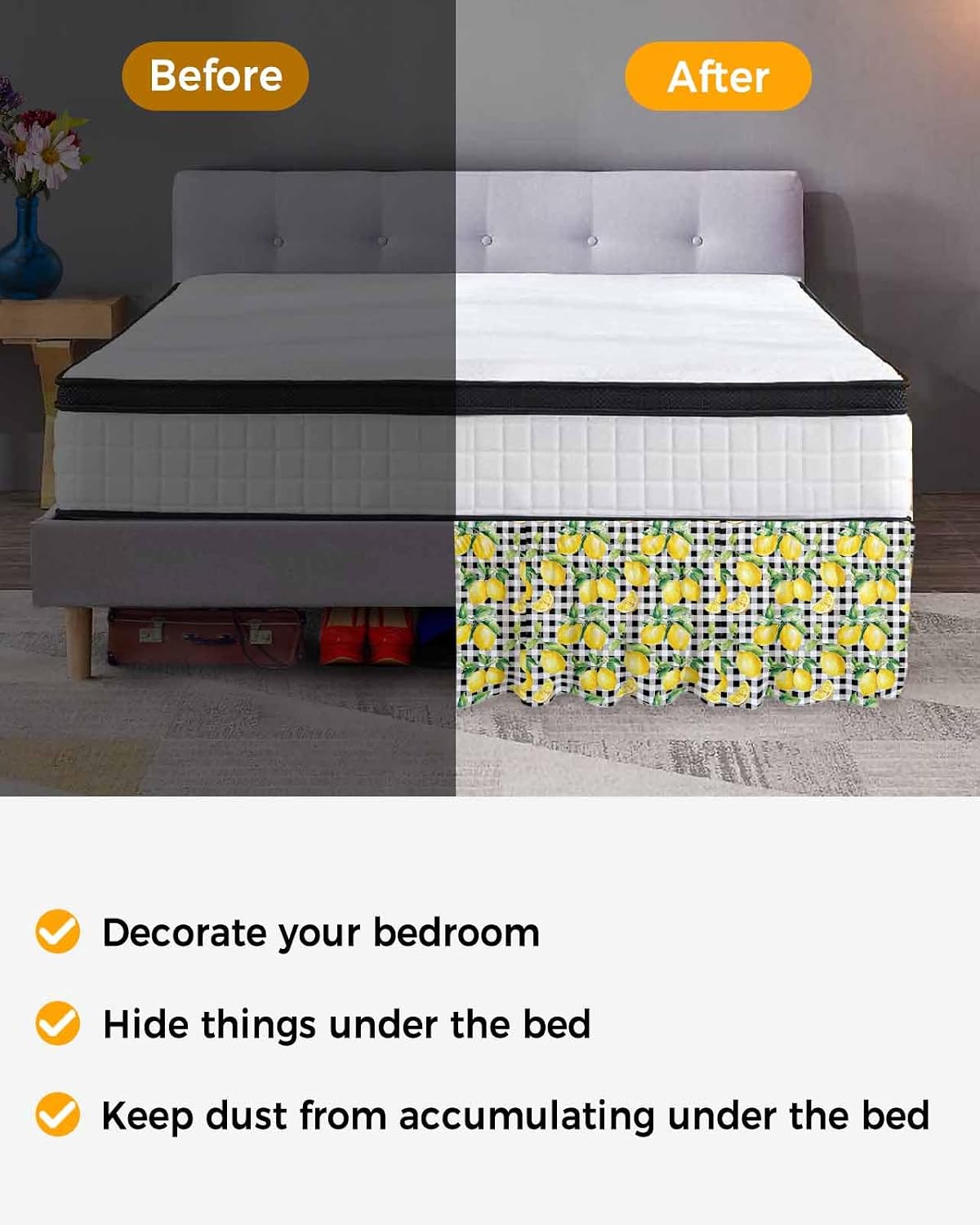 Lemon Yellow Bed Skirt Queen Size 16 Inch Drop, Adjustable Elastic Wrap Around Bed Skirts Easy Fitting Dust Ruffle Bedskirt Bed Frame Cover Watercolor Fruit Black White Buffalo Plaid