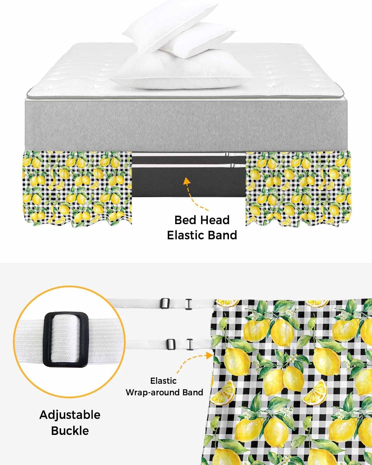 Lemon Yellow Bed Skirt Queen Size 16 Inch Drop, Adjustable Elastic Wrap Around Bed Skirts Easy Fitting Dust Ruffle Bedskirt Bed Frame Cover Watercolor Fruit Black White Buffalo Plaid