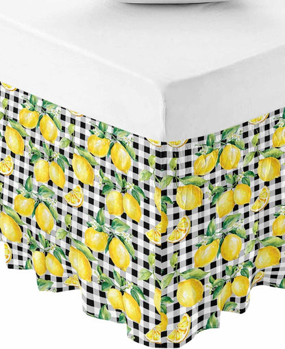 Lemon Yellow Bed Skirt Queen Size 16 Inch Drop, Adjustable Elastic Wrap Around Bed Skirts Easy Fitting Dust Ruffle Bedskirt Bed Frame Cover Watercolor Fruit Black White Buffalo Plaid