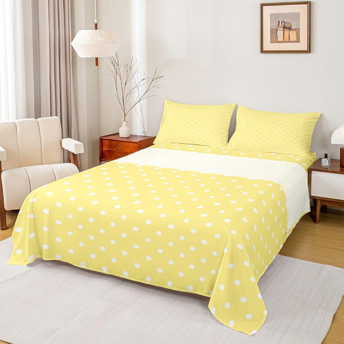 Lemon Yellow Polka Dot Bed Sheets Set Twin Size Cute Polka Dot Bed Set for Kids Boys Girls Simple Fashion Sheet Set Kawaii Style,1 Fitted Sheet+1 Pillow Sham+1 Flat Sheet