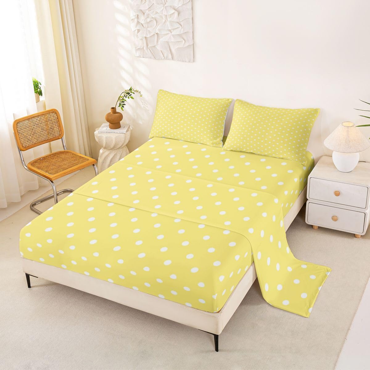 Lemon Yellow Polka Dot Bed Sheets Set Twin Size Cute Polka Dot Bed Set for Kids Boys Girls Simple Fashion Sheet Set Kawaii Style,1 Fitted Sheet+1 Pillow Sham+1 Flat Sheet
