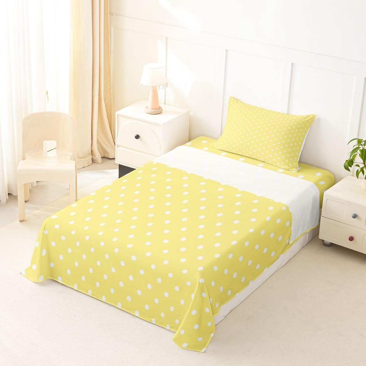 Lemon Yellow Polka Dot Bed Sheets Set Twin Size Cute Polka Dot Bed Set for Kids Boys Girls Simple Fashion Sheet Set Kawaii Style,1 Fitted Sheet+1 Pillow Sham+1 Flat Sheet