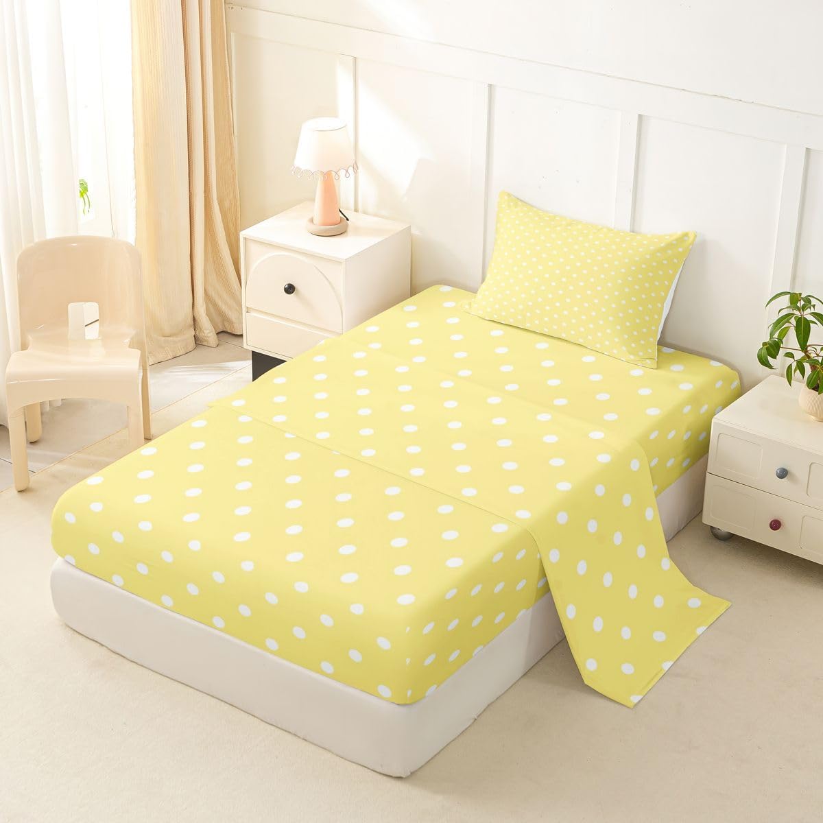 Lemon Yellow Polka Dot Bed Sheets Set Twin Size Cute Polka Dot Bed Set for Kids Boys Girls Simple Fashion Sheet Set Kawaii Style,1 Fitted Sheet+1 Pillow Sham+1 Flat Sheet